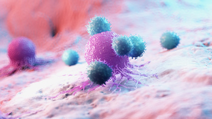 3d rendered medically accurate illustration of leukocytes attacking a cancer cell