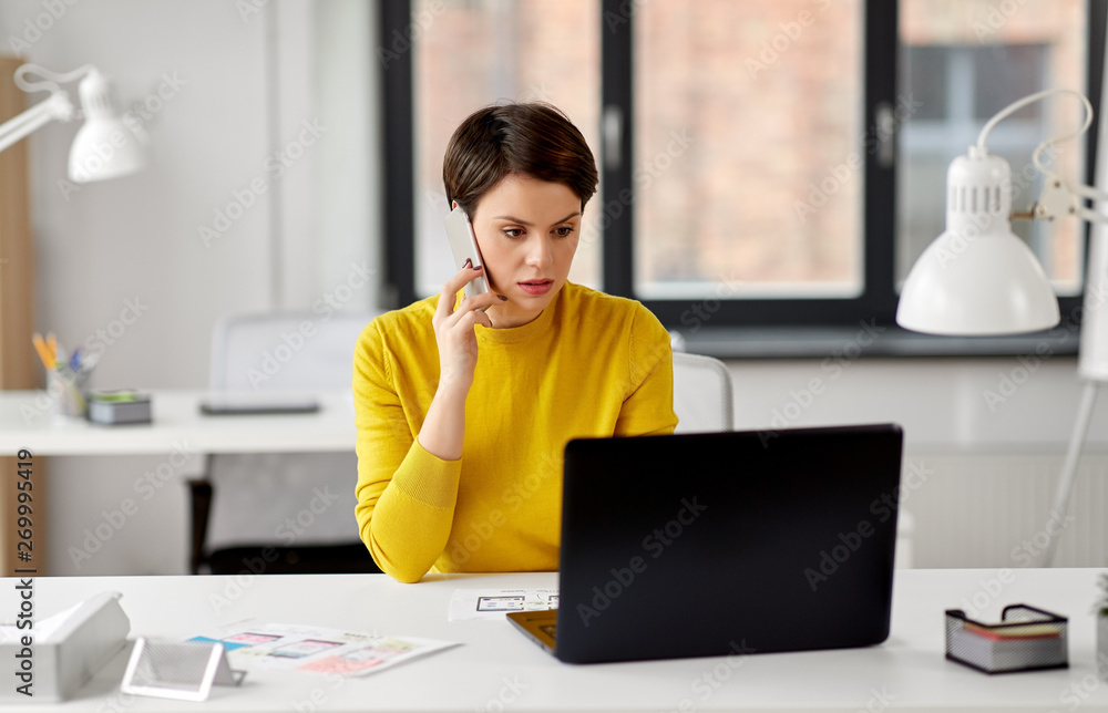 Poster business, technology and ui design concept - female designer with laptop computer and user interface