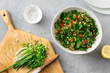 Healthy food Ingredients cooking salad tabouli top view