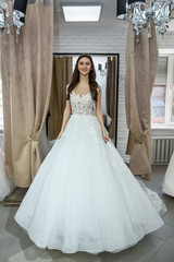 Fototapeta na wymiar Beautiful bride in salon posing in wedding dress
