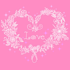 Heart of flowers vector text love inscription greeting card wedding anniversary