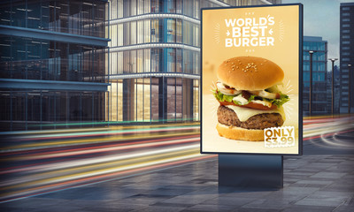 Advertising burger billboard in city night