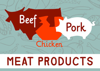 Obraz premium Meat products silhouette cow chicken pig vector illustration hand drawing advertisement