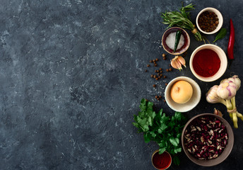 Obraz na płótnie Canvas Food menu. Cooking table with group food. Vegetables, spices and herbs top view