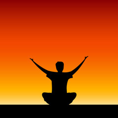 seated man with their hands up. Prayer or greeting dawn. Gesture of openness. Vector illustration