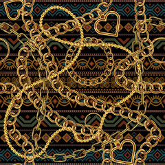 Cute chain texture seamless with african ornaments. Flat and solid color vector illustration.