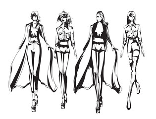Beautiful young women in dress, trousers, blouse, cloak. Hand drawn fashion girls. Fashion model posing. Sketch. Vector illustration.