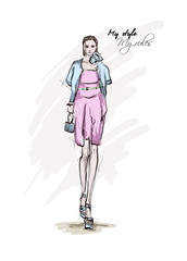 Beautiful young woman in a blue jacket and pink dress. Hand drawn fashion girl. Fashion model posing. Sketch. Vector illustration.