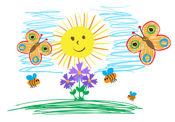 Fototapeta na wymiar Children's drawings of insects, the sun and flowers. The child draws summer.