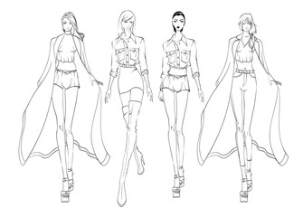 Fototapeta na wymiar Fashion models sketch hand drawn , stylized silhouettes isolated.Vector fashion illustration set.