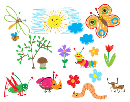 Children's drawings of insects, the sun and flowers. The child draws summer.