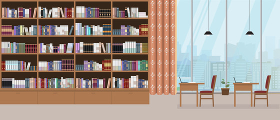 Modern library interior with grand bookshelf and large window with cityscape on background. Vector illustration. © zeynurbabayev