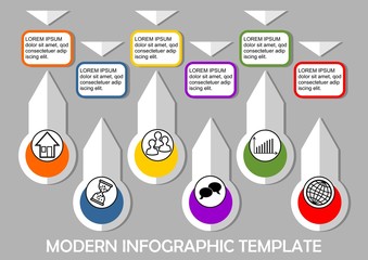 Modern infographic template with paper cut elements, six elements on light gray background, multicolored objects with monochrome icons, text frames, vector template
