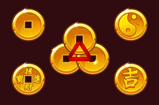 China coins set. Vector Golden coin In-yan. Objects on separate layers.