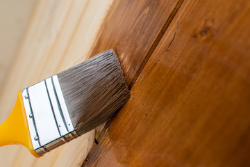 Painting teak wooden surface with a paintbrush