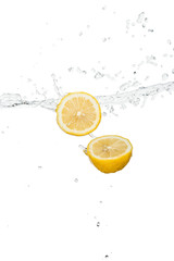 Fototapeta na wymiar yellow lemon halves with clear water splash and drops isolated on white
