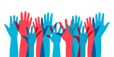 illustration of social interaction group activities by raising hands as a sign of expressing opinions in politics