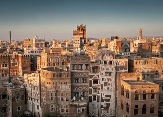 view of sanaa city old town architecture skyline in yemen