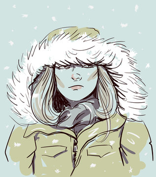 Potrait of girl in parka fashion illustration vector