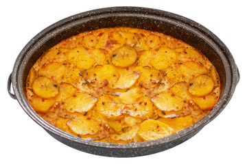 Serbian dish mousaka in a pot, balkan cuisine like traditional assorted dish isolated on white