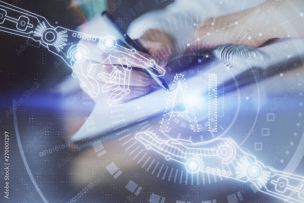Poster Double exposure of woman's hands on background with technology and digital coding icons. Data development concept. Close up.