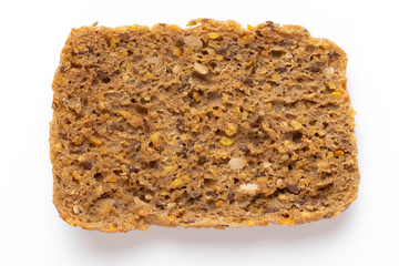 Rye bread slice on a white background.