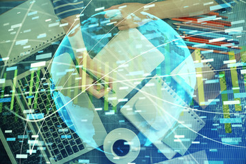 International business hud over woman's hands writing background. Concept of hard work. Double exposure