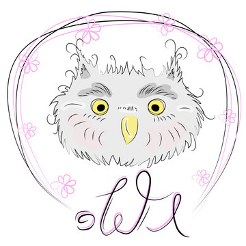 Cute owl face in a floral frame with a bow, owl, design, trendy, gray, pink, trendy