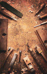 Hand tools Wood on an old wooden workbench