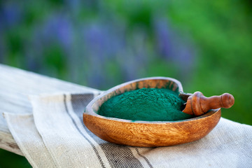 Organic spirulina algae powder in a wooden spoon on green grass background