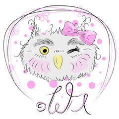 Cute owl face in a floral frame with a bow, owl, design, trendy, gray, pink, trendy