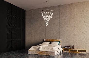 Großer Raum mit Bett und Kronleuchter vor Sichtbetonwand