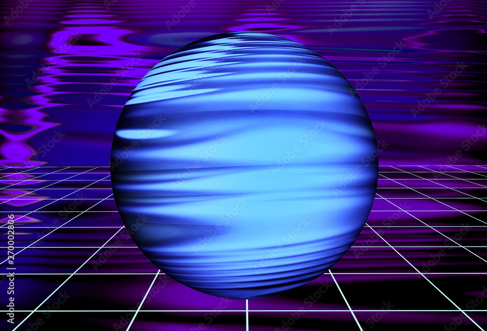 Poster Abstract Ultra Violet Waves Holographic background. Blurred dynamic composition of perspective grid lines and light-spots with sphere. Synthwave. Vaporwave style. Retrowave, retro futurism