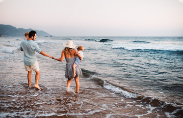 Rear view of family with two toddler children walking on beach on summer holiday.