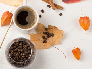 Autumn leaves and white Cup of coffee on white background