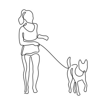 Girl walking with a dog continuous line vector illustration