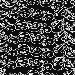 Vector seamless pattern with white curls on a black background.