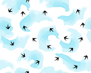 Naklejka premium Flying birds in the sky in clouds pattern vector