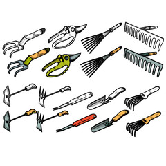  isolated, sketch with lines, garden tools set