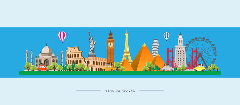 Travel to World. Road trip. Big set of famous landmarks of the world. Time to travel, tourism, summer holiday. Different types of journey. Flat design vector illustration