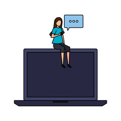 woman using smartphone seated in laptop with speech bubble