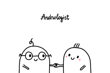 Andrologist hand drawn vector illustration in cartoon style. Men doctor and patient