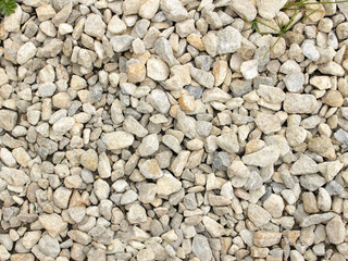 Fine and coarse gravel as background or texture with grass growing throu rocks