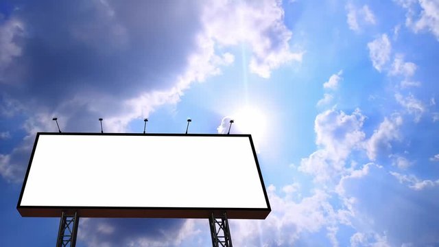 White blank billboard on beautiful timelapse nature motion of cloudscape with bright sun shining with clouds passing Backgrounds, Cumulus clouds and the sun.