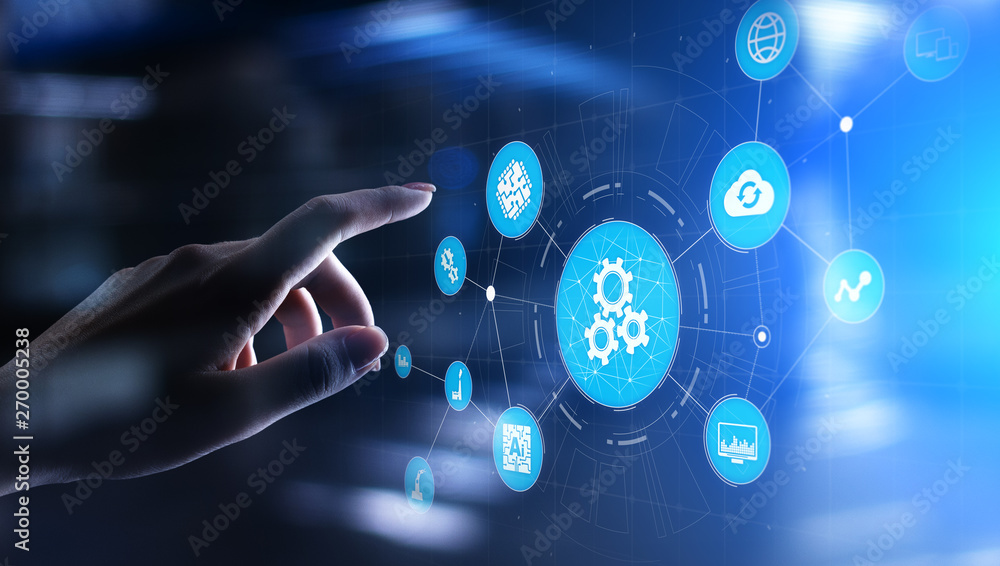 Poster automation of business and industrial manufacturing process. technology innovation and software deve