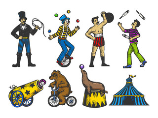 Retro circus performance set color sketch style vector illustration. Old hand drawn engraving imitation. Human and animals vintage drawings © Oleksandr Pokusai