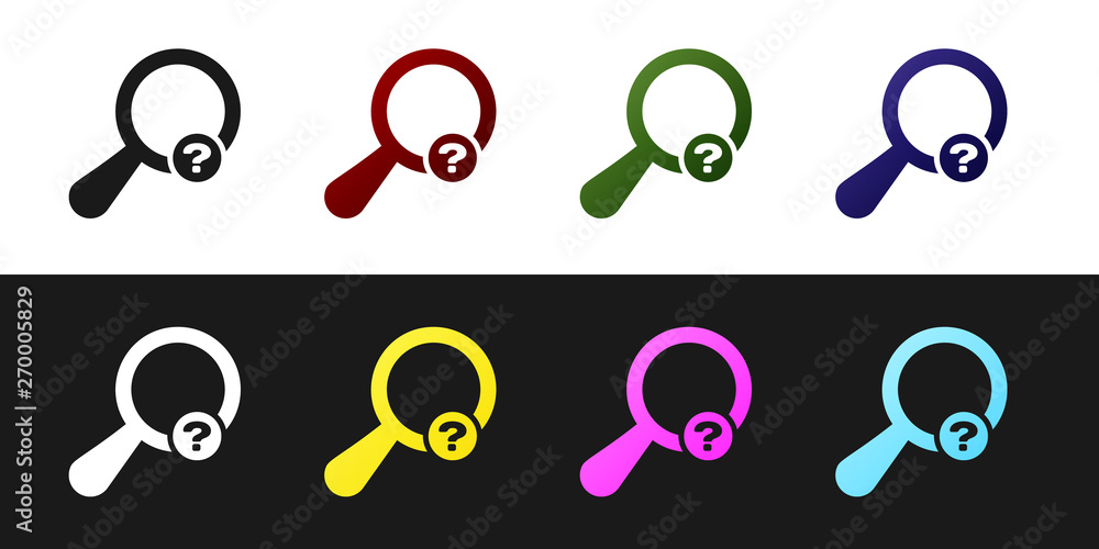 Poster set unknown search icon isolated on black and white background. magnifying glass and question mark. 