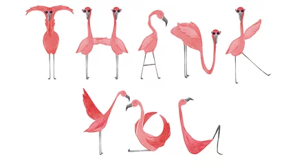 Tableaux sur verre Flamingo Flamants roses aquarelles dessinés à la main. Flamingo Merci lettrage