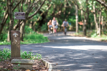 Blurred background of people who are cycling fast, exercising in the park in the morning - evening, the atmosphere is surrounded by nature.