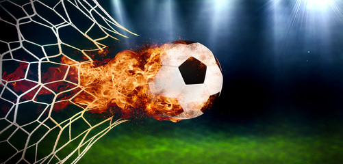 Fiery Soccer Ball In Goal With Net In Flames
